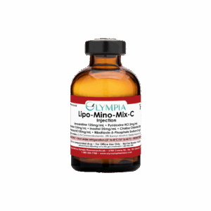 Amber vial labeled "Olympia Pharmaceuticals Lipo-Mino-Mix-C"