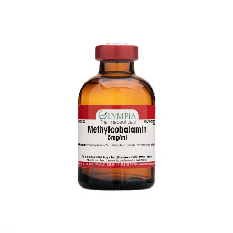 A 30ml bottle of Olympia Pharmaceuticals Methylcobalamin (Vitamin B12) injection, labeled at 5mg/ml concentration, used for B12 supplementation.
