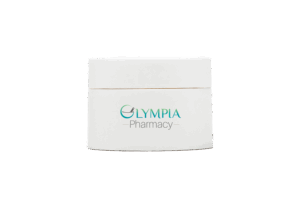 White Olympia Pharmacy cream jar with logo on front, isolated on transparent background.