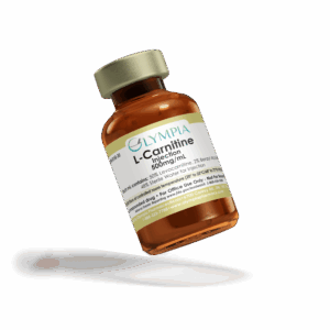 Olympia L-Carnitine injection vial (500 mg/mL), amber vial with gold cap, tilted