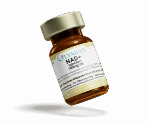 Olympia NAD+ Injection vial (100 mg/mL) with gold cap, shown tilted on a black background